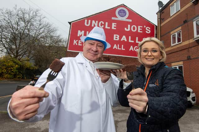 Ant Winnard and Helen May with one of the brownies outside the Uncle Joe’s factory