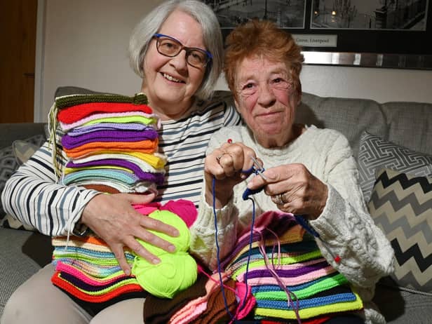 Barbara Mallon from Standish is knitting squares to make a giant blanket, to raise funds for Claire House Children's Hospice, pictured with friend from Standish Library Knit and Natter group Pat Mayren, left, who is helping with the charity challenge.