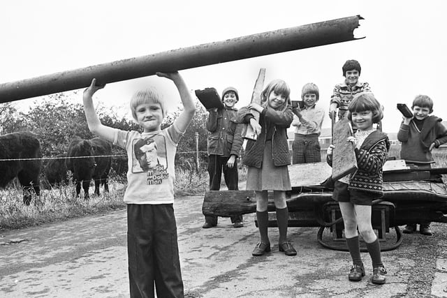 Collecting for their bonfire in Beech Hill are Darren Molyneux, Christine and Susan Lowe, David Fieldhouse, Paul Joynt, Ian Brandon and Gary Molyneux on Tuesday 26th of October 1976.