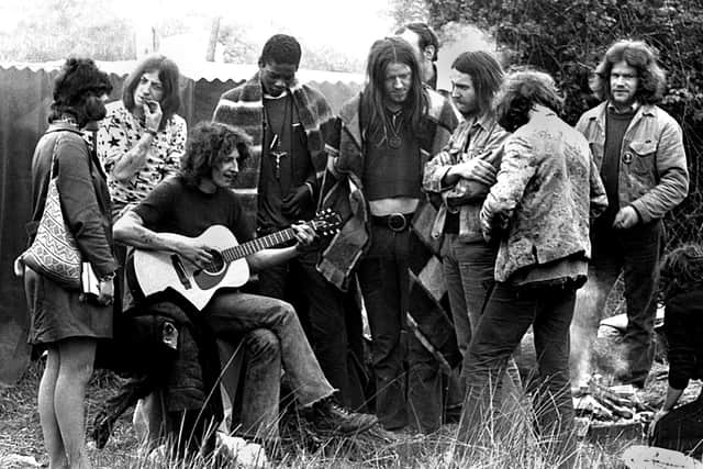 Some festival goers made their own music at Bickershaw in 1972.