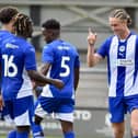 Thelo Aasgaard celebrates scoring his second and Latics' third goal at Fylde
