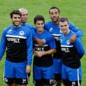 Jordi Gomez, Stephen Crainey, Danny Redmond, James Perch and Callum McManaman have a laugh together during training ahead of the away game at Zulte Waregem in 2013