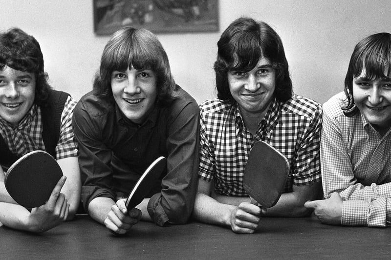 Table tennis quartet Chris May, Philip Critchley, David Lamb and Mark Conroy at Penson Street Youth Club, Swinley, on Tuesday 31st of October 1972.