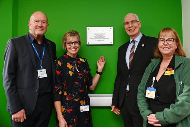 From left: chair of WWL Mark Jones, Dr Jenny Wiseman, Prof Chris Brookes chairman elect at Wigan Warriors and chief medical officer at Rugby Football League and England Rugby League and palliative care team lead Janette Sanders