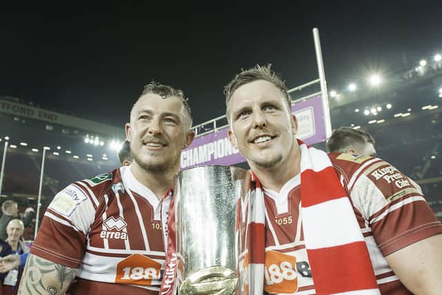 Sarginson (right) celebrates with Josh Charnley after Wigan Warriors' 2016 Grand Final victory