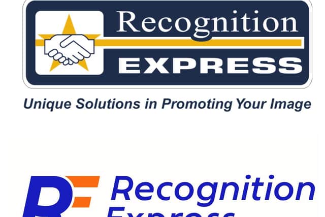 Recognition Express' previous logo, top, and the rebrand