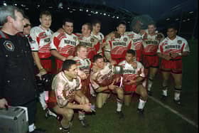 The Wigan team after the Regal Trophy final against Warrington at the McAlpine Stadium in Huddersfield. Wigan won the match 40-10