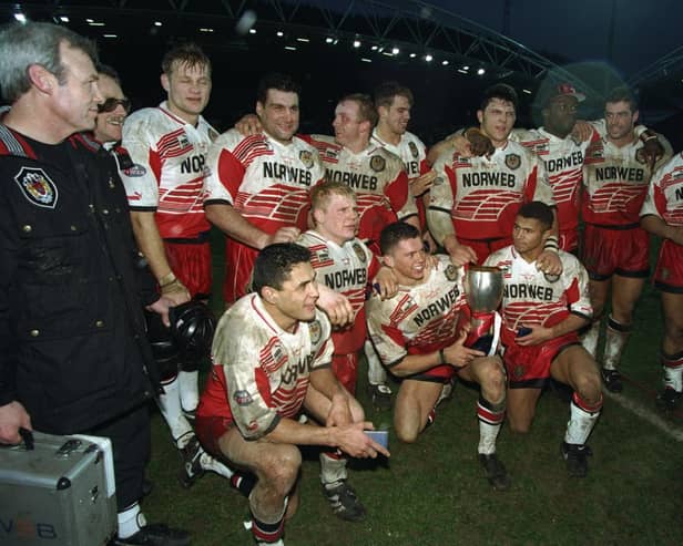 The Wigan team after the Regal Trophy final against Warrington at the McAlpine Stadium in Huddersfield. Wigan won the match 40-10