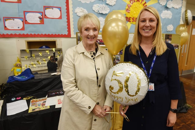 from left, Former headteacher Karen Thompson who worked at the school for 17-years until 2018, pictured with current headteacher Cathy Whalley, during the celebrations.