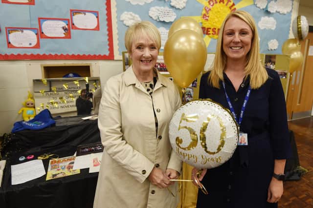 from left,  Former headteacher Karen Thompson who worked at the school for 17-years until 2018, pictured with current headteacher Cathy Whalley, during the celebrations.