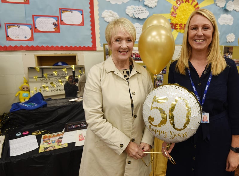 from left,  Former headteacher Karen Thompson who worked at the school for 17-years until 2018, pictured with current headteacher Cathy Whalley, during the celebrations.