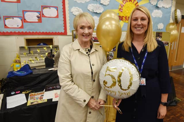 from left,  Former headteacher Karen Thompson who worked at the school for 17-years until 2018, pictured with current headteacher Cathy Whalley, during the celebrations.