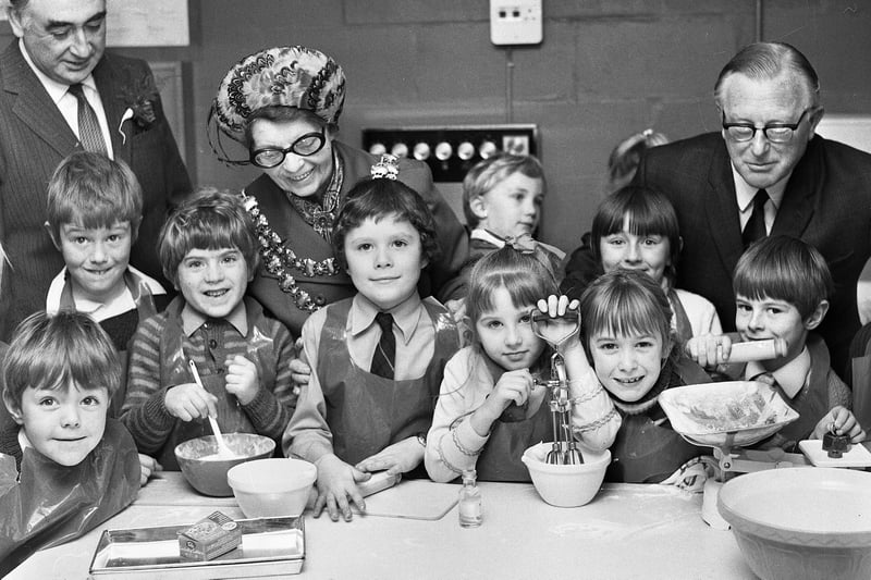 The Mayor of Wigan, Coun. Ethel Naylor, Coun. Jack Smith, left, and Coun. Ernest Cowser with pupils of Winstanley Primary School after the official opening on Wednesday 22nd of November 1972.