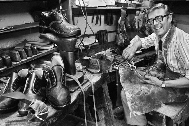 Well known Wigan clogger Walter Hurst busy in his Hindley workshop on Wednesday 20th of July 1983.