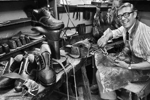 Well known Wigan clogger Walter Hurst busy in his Hindley workshop on Wednesday 20th of July 1983.