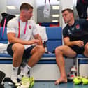 George Ford (right) chats with Owen Farrell after England's World Cup opening win over Argentina