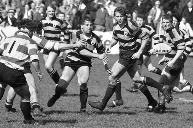Sammy Southern swings the ball out to set up an Orrell charge during a Courage League Division 1 match against Gloucester at Edge Hall Road on Saturday 22nd of February 1992. Orrell lost 16-25.