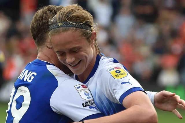 Thelo Aasgaard celebrates his winning goal with Callum Lang