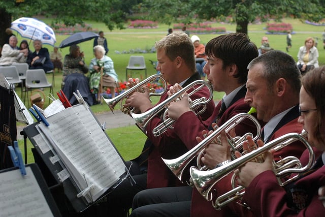 Golborne Brass Band entertain the crowd during an afternoon of family fun and relaxation at Jubilee Park, Ashton in 2005