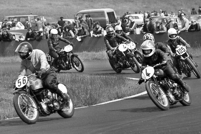 Motorbike racing at the Three Sisters track, Bryn, in the 1970s.