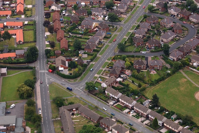 Golborne - Lowton Road with Heywood Avenue, right, and Derby Road forming a letter 'k' shape.