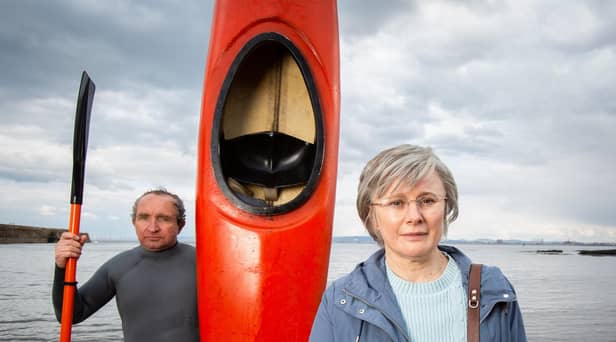 Monica Dolan as Anne Darwin and Eddie Marsan as John Darwin in the ITV true crime drama The Thief, His Wife and the Canoe