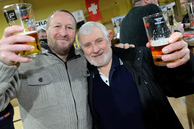 Bottoms up! Andrew Nurdin and Steve Gregory enjoy a pint at the 2019 Bent and Bongs Beer Bash