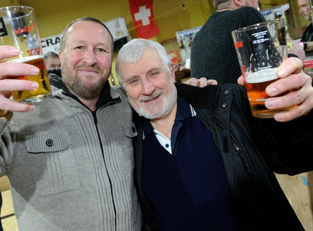 Bottoms up! Andrew Nurdin and Steve Gregory enjoy a pint at the 2019 Bent and Bongs Beer Bash