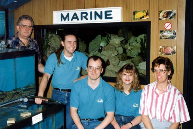 1990s Pier Aquatics staff at Great George Street, Wigan, left to right Jeff Smith, Neil Woodward, Ian Taylor, Claire Leyland and Joan Smith.