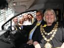 Mayor of Wigan Coun Marie Morgan in the new van with consort Coun Clive Morgan and the team at Daffodils Dreams