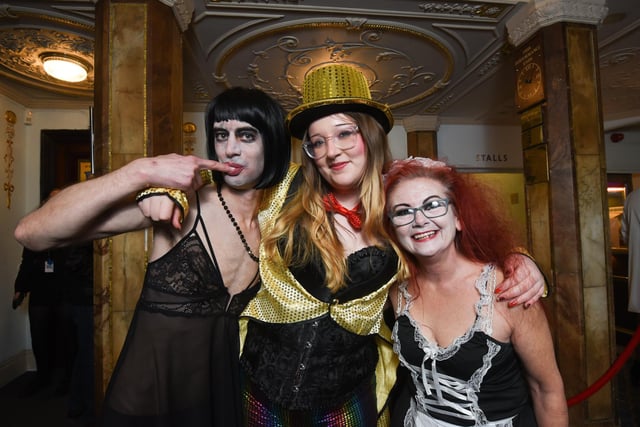 Theatre goers dress up for The Rocky Horror Show at the Grand Theatre. Benn Foster, Mills Ansell-Jackson and Louise Jackson.