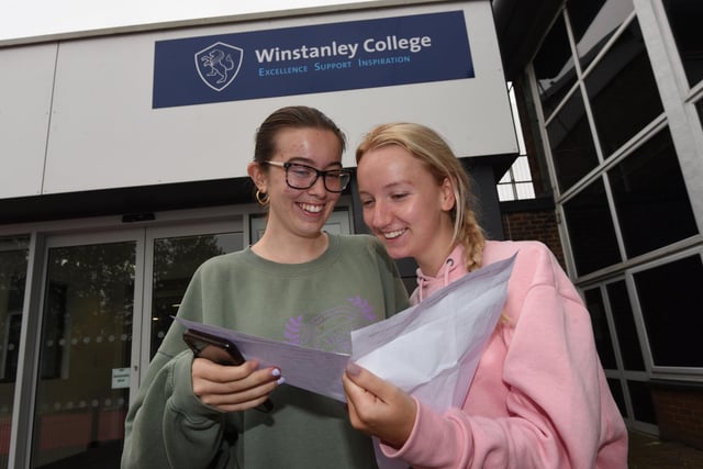 A-Level results 2022 - Students from Winstanley College, Orrell, open their A-Level results.  from left, Nathasha Austin, 18, from Parbold and Lois Burnett, 18, from Burscough.