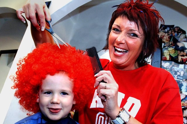 Matthew Garven had his wig trimmed by Lisa Hey at Dads and Lads barber shop, on Frog Lane. The barbers were donating a £1 to Comic Relief for every haircut