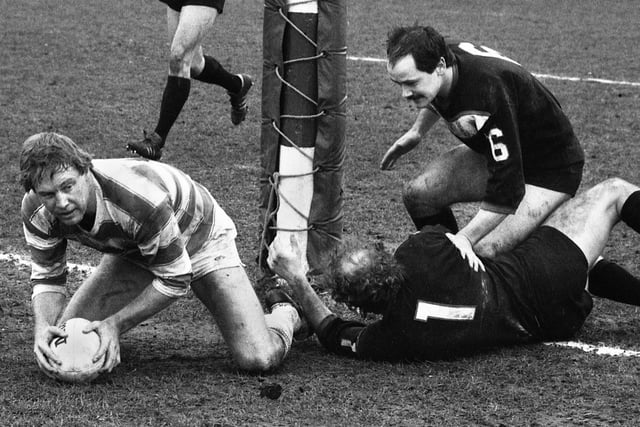 Wigan stand-off Mark Cannon scores a try against Fulham in a league match at Central Park on Sunday 18th of March 1984. Wigan won the match 38-18.