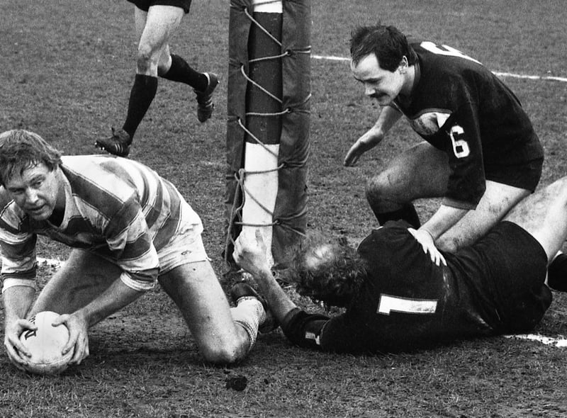 Wigan stand-off Mark Cannon scores a try against Fulham in a league match at Central Park on Sunday 18th of March 1984. Wigan won the match 38-18.