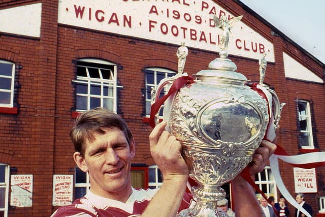 Wigan captain Graeme West back at Central Park with the Challenge Cup on Tuesday 7th of May 1985.