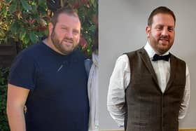 A before and after of Darren's weight loss journey.