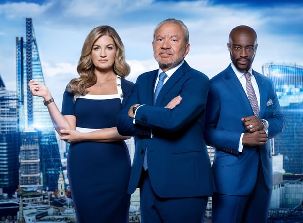 <p>Sir Alan Sugar flanked by fellow Apprentice judges Baroness Brady and Tim Campbell</p>