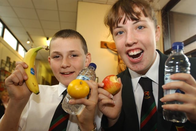 St John Fisher RC High School pupils, Peter Grogan and  Rebecca Wilson ready for lunch, as the school held an apples and water day to raise cash for Cafod, part of their Harvest Fast Day.