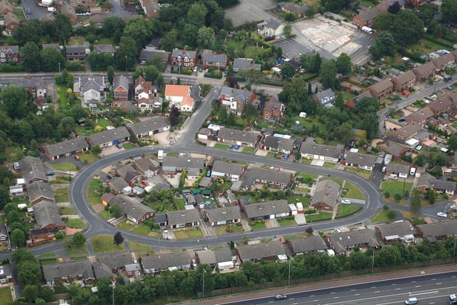 The Oval, Gathurst, with the M6, bottom, and the former site of Gathurst Service Station, top.