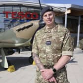Anthony Morris (RAF Reserves) stands in front of an RAF Hurricane at the entrance to Tesco head office. Military chefs took part in a live cook off, hosted by the supermarket chain, to mark Armed Forces Week.