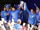 Wigan Athletic manager Roberto Martinez (right) and his team on stage during the FA Cup trophy parade in Wigan.