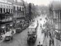 1950 - Standishgate, Christmas 1950.  Note the two-way traffic and parking and Pendlebury's Crawford House, left, which four years later was gutted by fire.