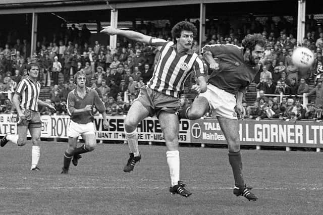 Forward Peter Houghton heads for goal against Aldershot in a Division 4 match at Springfield Park on Saturday 30th of August 1980.
Latics won 1-0 with Jeff Wright scoring.