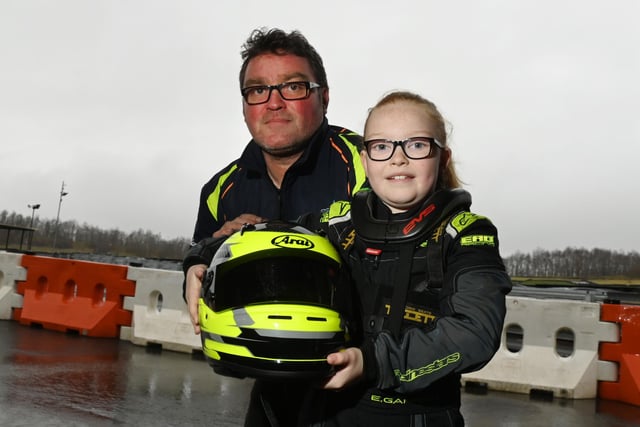 Elsie Gannon, nine, from Appley Bridge, pictured with dad Chris Gannon at Three Sisters Race Circuit, Ashton-in-Makerfield.