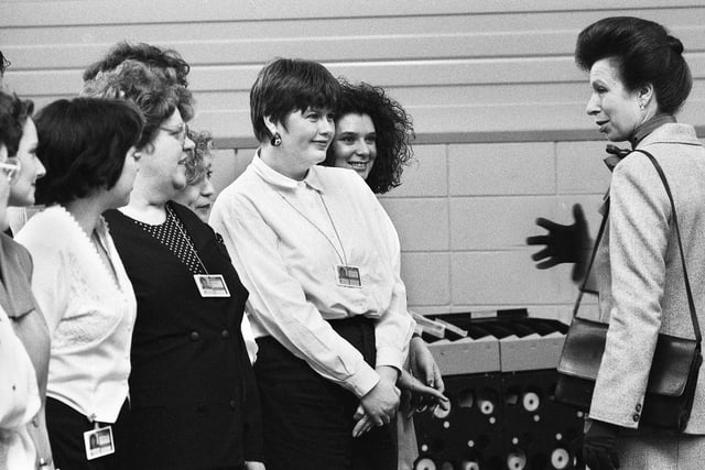 Princess Anne talks to staff after she arrived to officially open the new £12 million Girobank centre on the site of the former Westwood power station on Thursday 19th of March 1992.