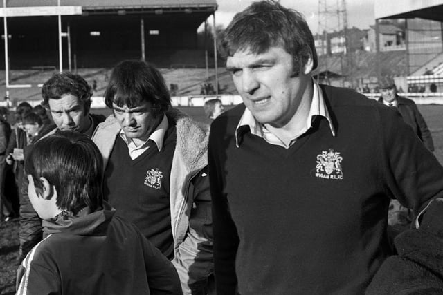 Worried Wigan coach Kel Coslett leaves the pitch after his team's 11-11 draw against Workington Town in a league match at Central Park on Sunday 9th of March 1980.
The 1979/80 season saw Wigan relegated for the only time in their history.