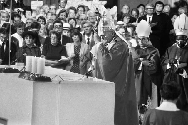 Pope John Paul 11 celebrates Mass at the Metropolitan Cathedral of Christ the King during his visit to Liverpool on Sunday 30th of May 1982.