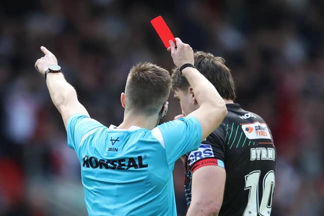 Wigan's Liam Byrne was sent off against St Helens for a high tackle