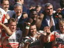 Martin Offiah celebrates with his Wigan teammates